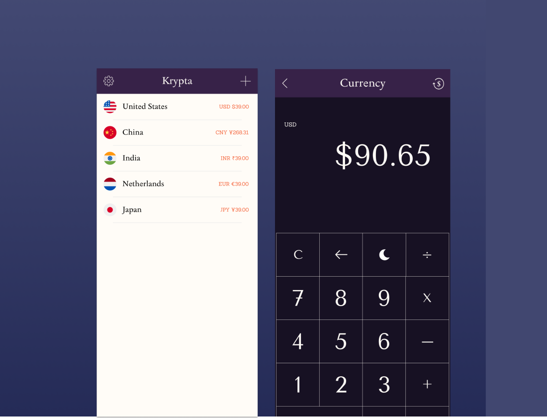 Krypta: Currency converter app design